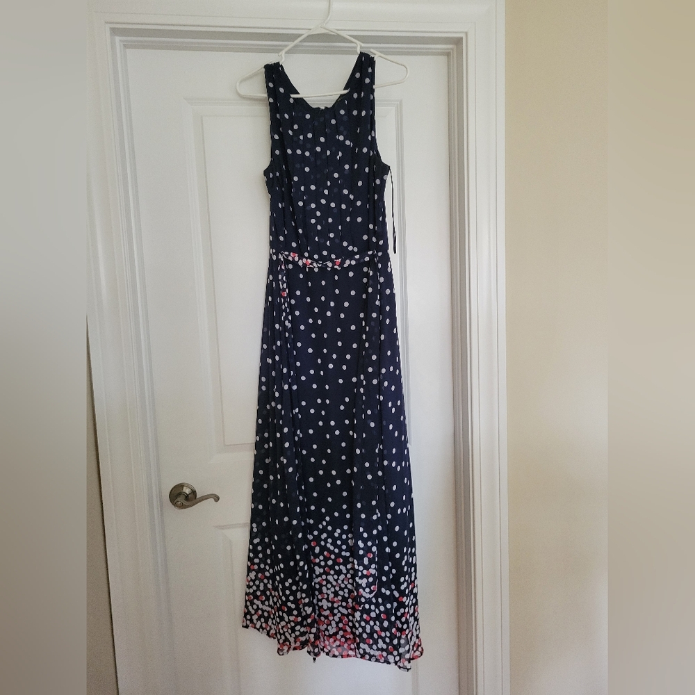 R&K Sleeveless Navy/Pink/White Polka Dot Tie Waist Maxi Dress - Size 16